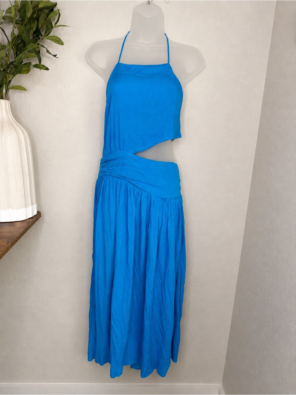 Free People Blue Halter Maxi Dress S Cutout Open Back Boho Resort Vacation